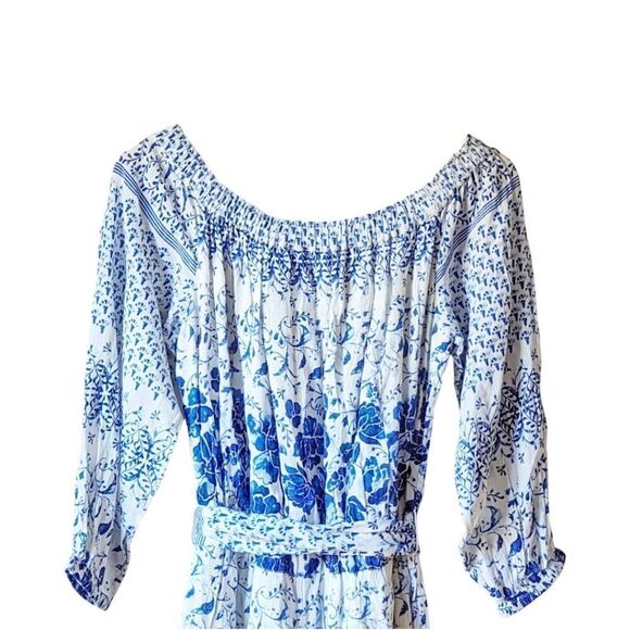 Anthropologie Romper Clemente Belted Off Shoulder Blue Flower Print NWT - Picture 7 of 11